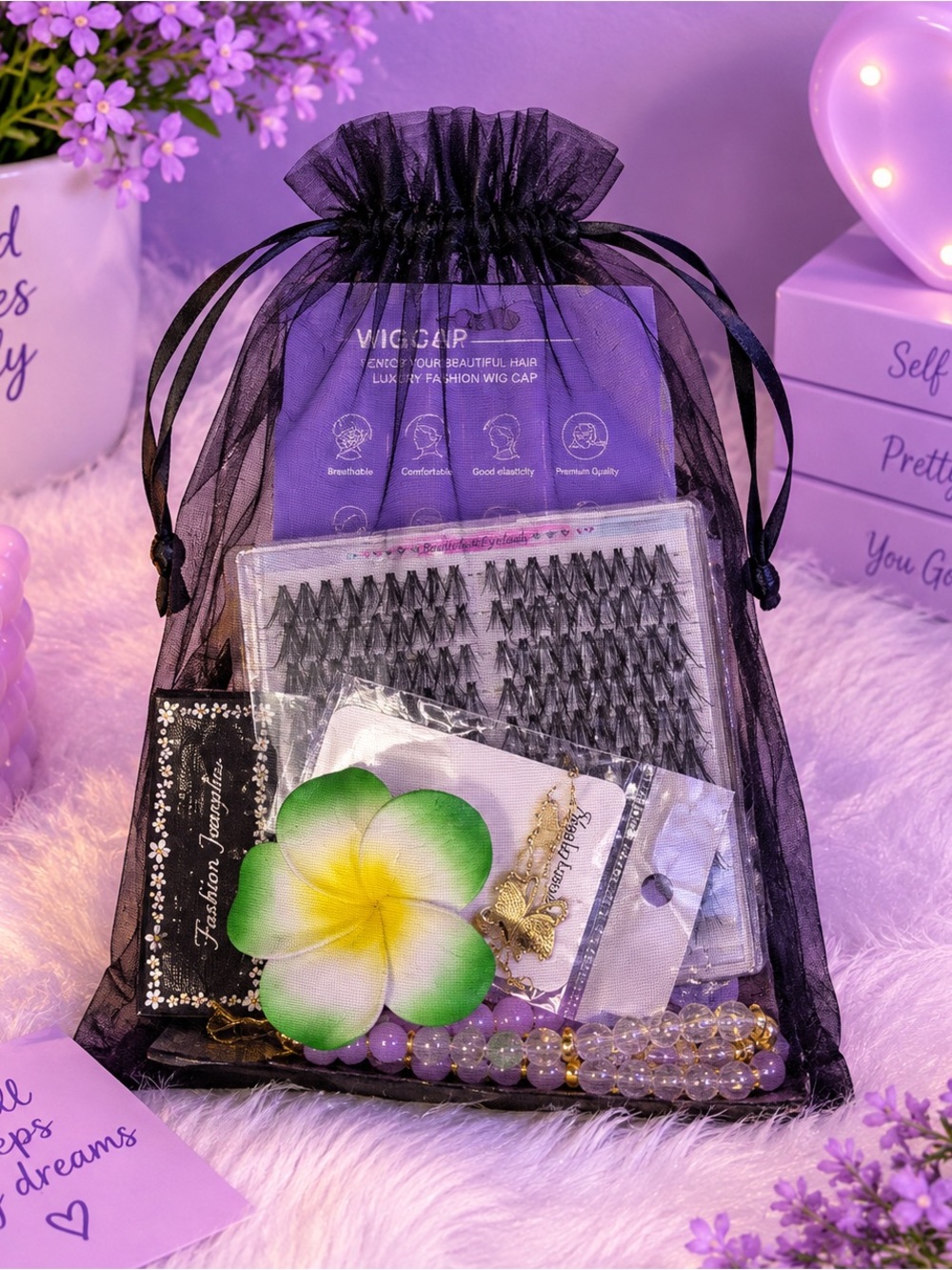 Black Organza Gift Bag with Party Accessories - Black